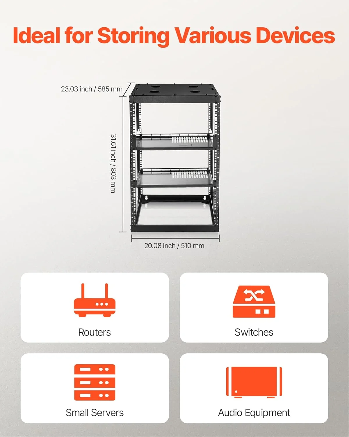 رک شبکه فریم باز VEVOR 16U، عمق 23 اینچ، رک سرور قابل نصب روی دیوار یا ایستاده، 4 پایه سنگین، با قفسه های تهویه دار و سخت افزار نصب، مناسب برای نگهداری تمام تجهیزات شبکه IT و تجهیزات AV شما رک شبکه فریم باز VEVOR 16U، عمق 23 اینچ، رک سرور قابل نصب روی دیوار یا ایستاده، 4 پایه سنگین، با قفسه های تهویه دار و سخت افزار نصب، مناسب برای نگهداری تمام تجهیزات شبکه IT و تجهیزات AV شما