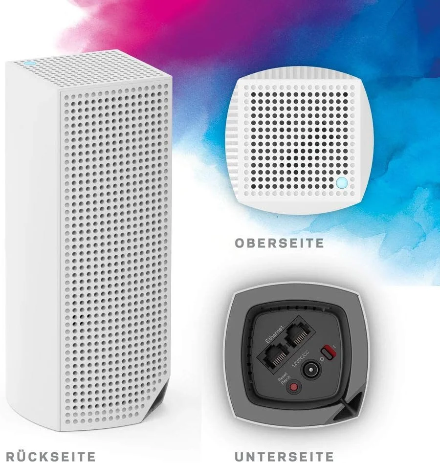 سیستم مش وای فای 5 سه بانده Linksys Velop WHW0303 (AC2200)، روتر WLAN، توسعه دهنده با پوشش بی سیم تا 525 متر مربع برای بیش از 60 دستگاه؛ 6 پورت اترنت - بسته 3 عددی، سفید