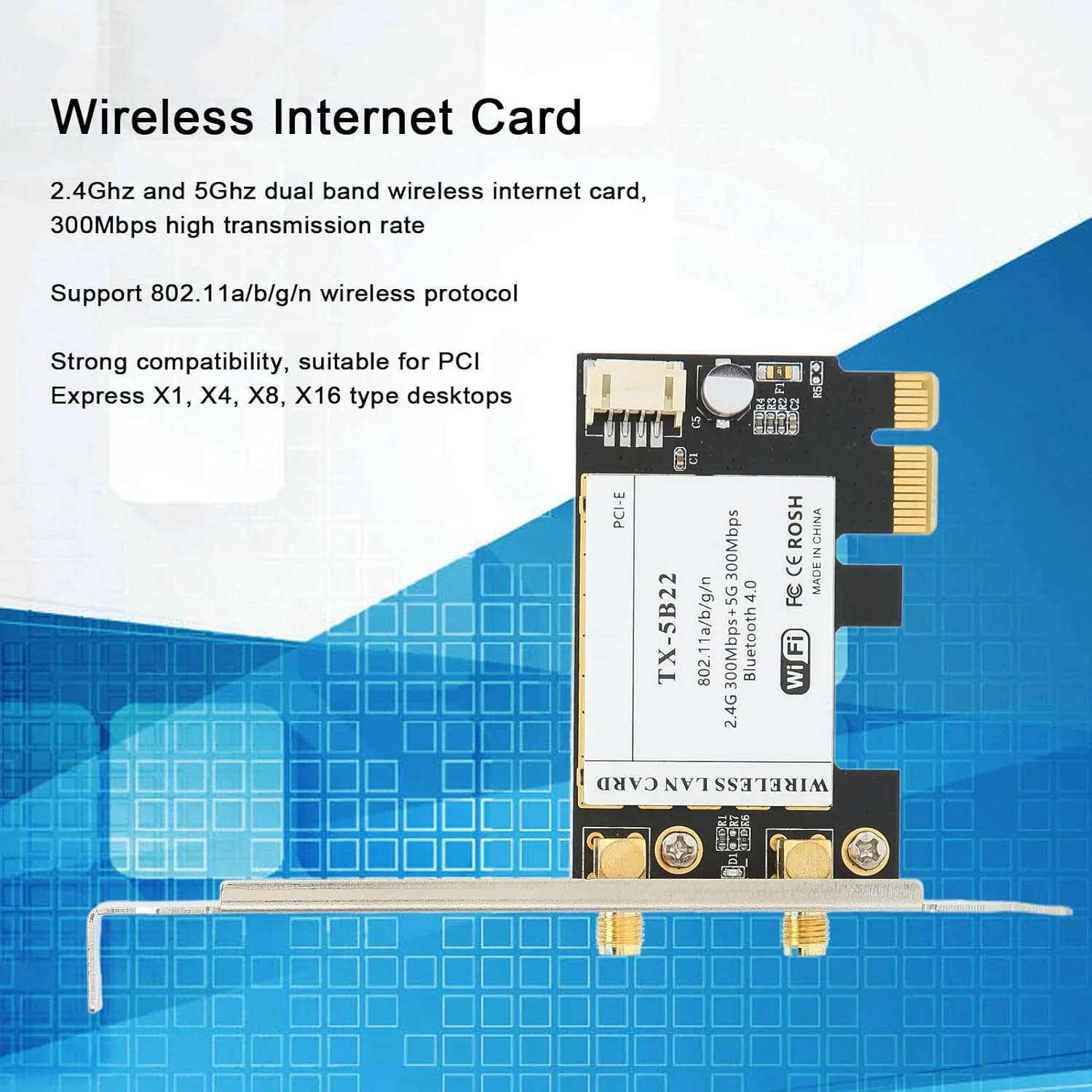 آداپتور وای فای Bewinner PCIe با آنتن، کارت وایرلس دو بانده 300 مگابیت بر ثانیه با بلوتوث 4.2، X1/X4/X8/X16 برای اینترنت کامپیوترهای شخصی آداپتور وای فای Bewinner PCIe با آنتن، کارت وایرلس دو بانده 300 مگابیت بر ثانیه با بلوتوث 4.2، X1/X4/X8/X16 برای اینترنت کامپیوترهای شخصی