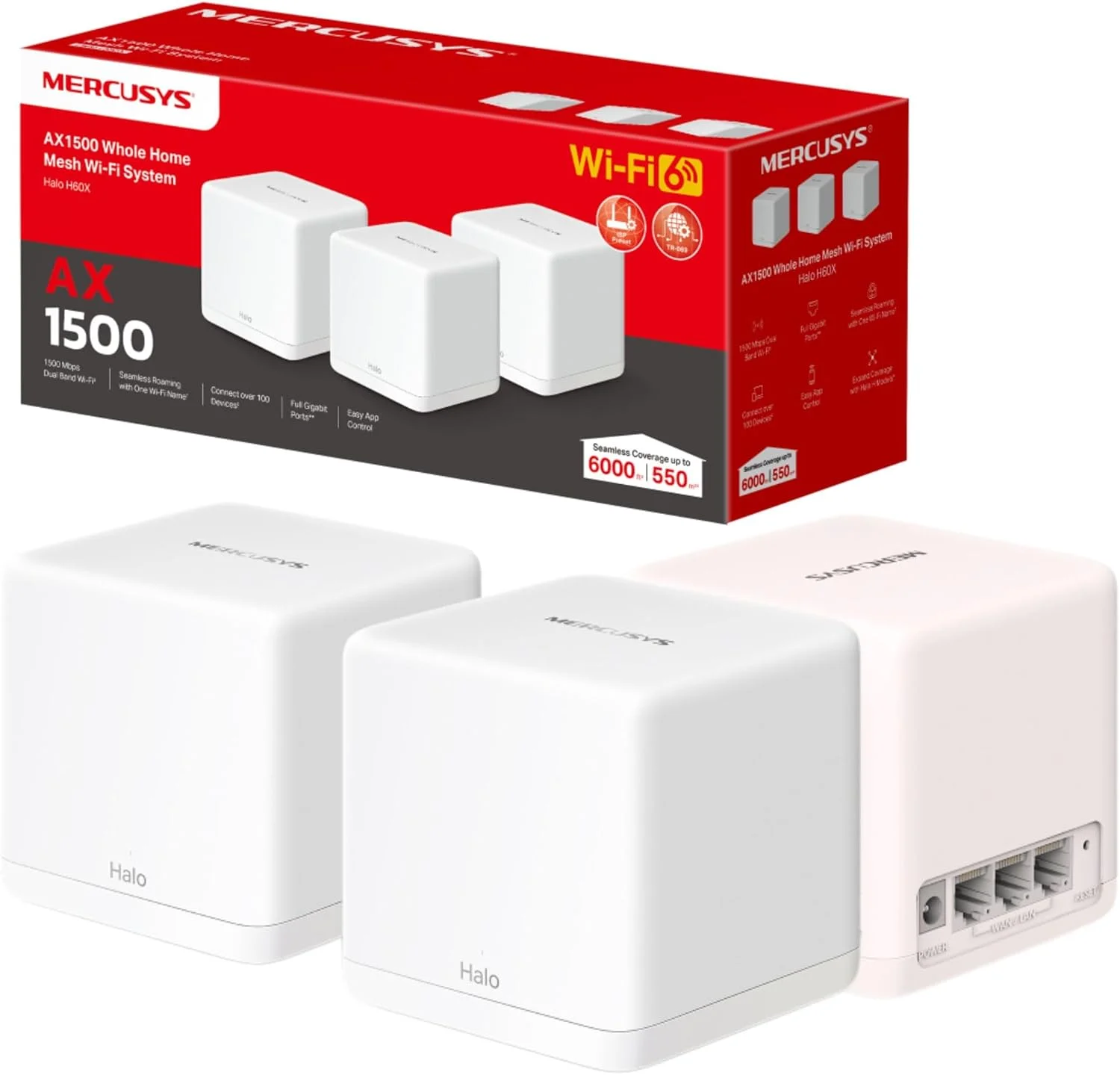 سیستم وای فای مش MERCUSYS Halo H60X (بسته 3 عددی) AX1500Mbps، پورت های گیگابیتی، سیستم مش وای فای، روتر وای فای، پوشش 550 متر مربع، رومینگ یکپارچه، Beamforming، نصب آسان