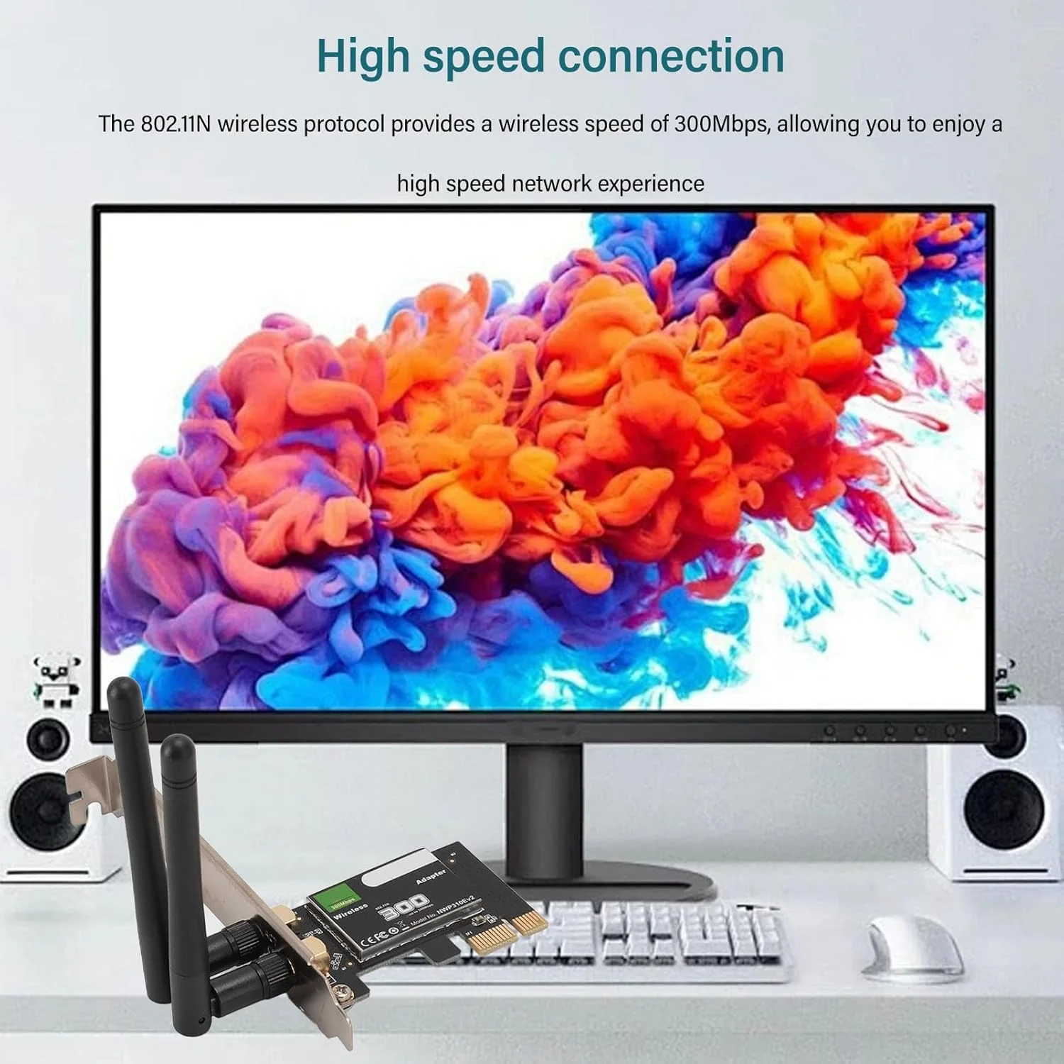 آداپتور وای فای بی سیم کامپیوتر، کارت شبکه PCI E وای فای 300 مگابیت در ثانیه 2.4 گیگاهرتز با 2 آنتن برای ویندوز 7، 8، 10، 11 و لینوکس