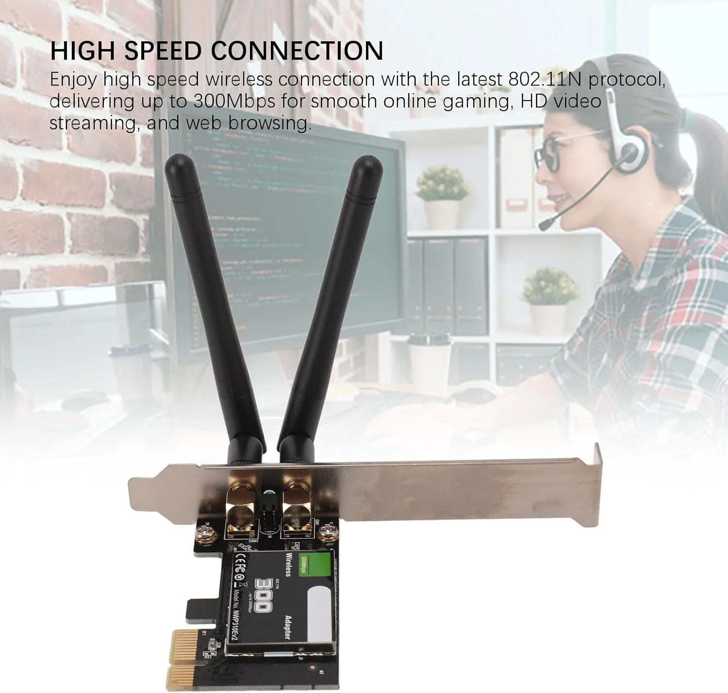آداپتور وای فای بی سیم کامپیوتر، کارت شبکه PCI E وای فای 300 مگابیت در ثانیه 2.4 گیگاهرتز با 2 آنتن برای ویندوز 7، 8، 10، 11 و لینوکس