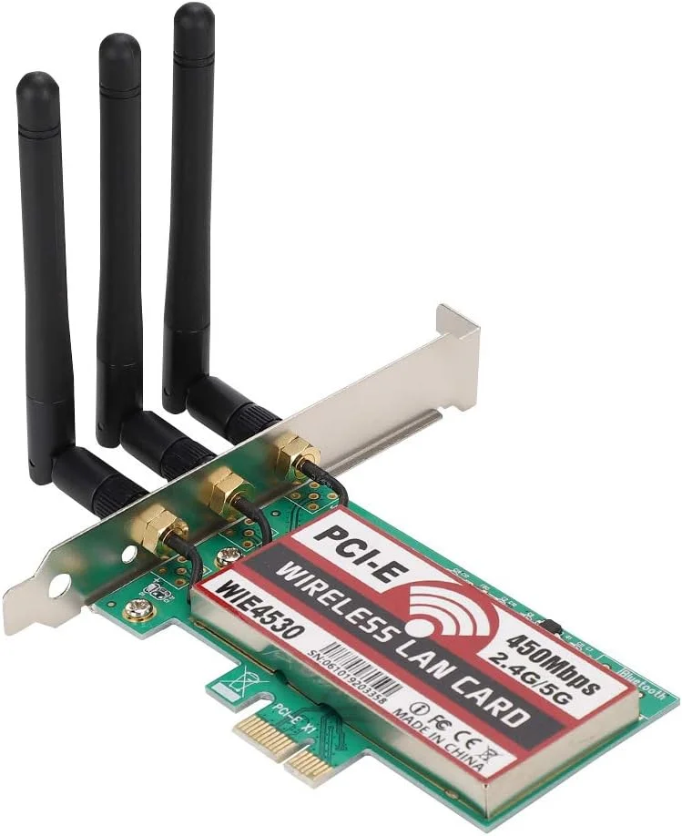 کارت شبکه بی سیم دو بانده 2.4G/5G با سرعت 450Mbps WiFi PCI-EX1/X4/X8/X16 همراه با 3 آنتن خارجی 2dBi برای کامپیوتر و تبلت
