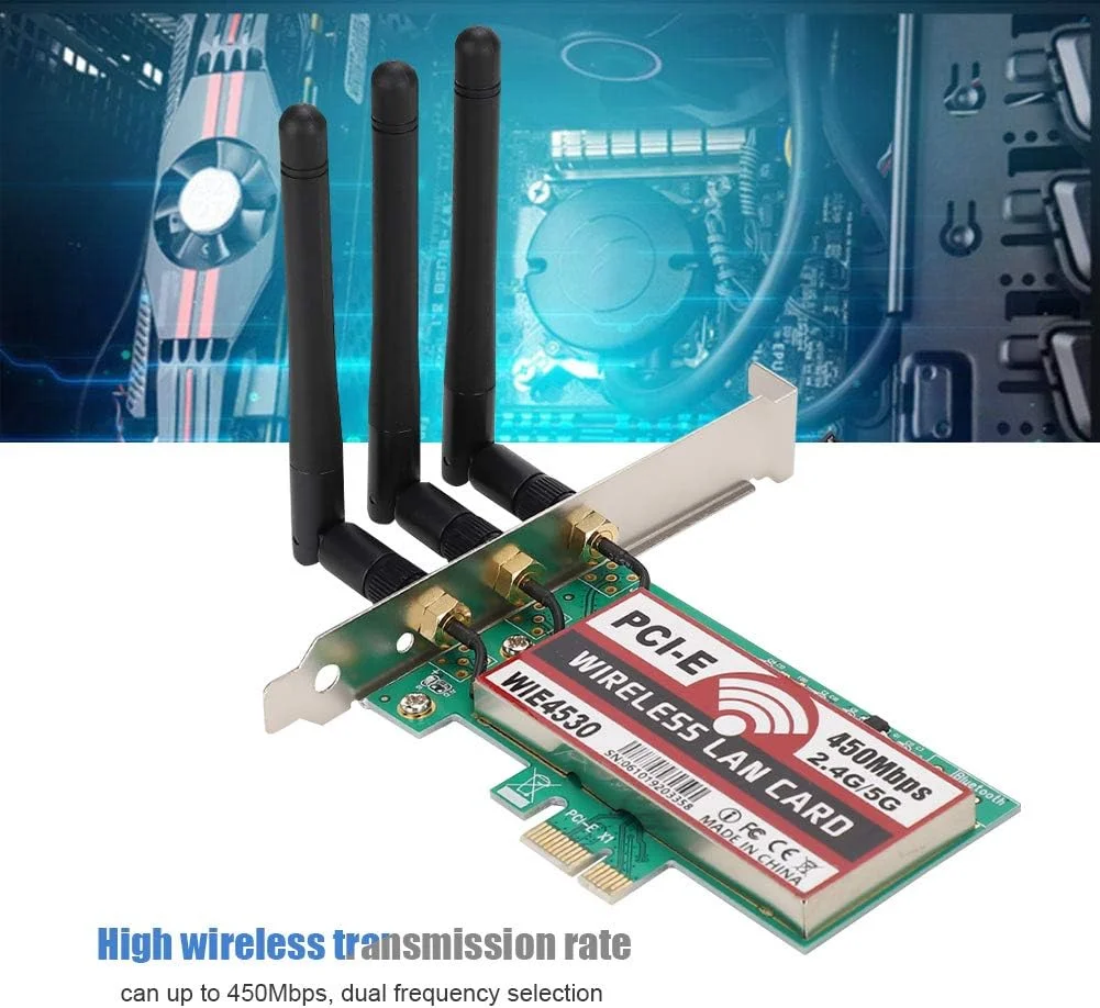 کارت شبکه بی سیم دو بانده 2.4G/5G با سرعت 450Mbps WiFi PCI-EX1/X4/X8/X16 همراه با 3 آنتن خارجی 2dBi برای کامپیوتر و تبلت