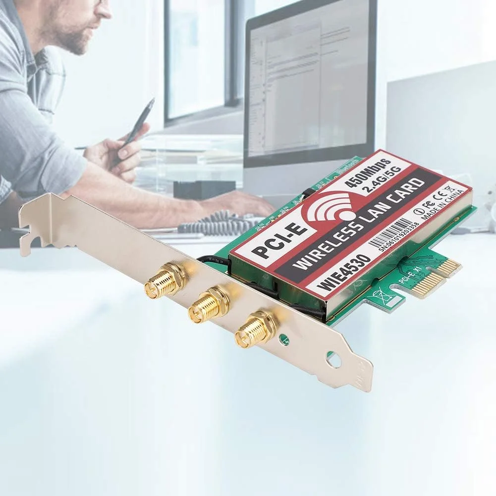 کارت شبکه بی سیم دو بانده 2.4G/5G با سرعت 450Mbps WiFi PCI-EX1/X4/X8/X16 همراه با 3 آنتن خارجی 2dBi برای کامپیوتر و تبلت