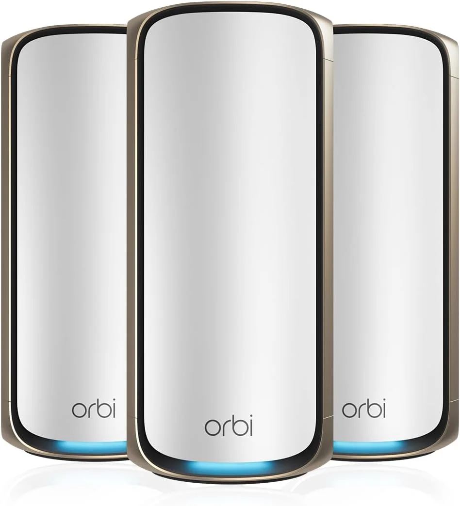 سیستم شبکه مش نت گیر Orbi سری 970 چهار بانده WiFi 7 مدل RBE973S، روتر + 2 توسعه دهنده ماهواره ای، پوشش تا 929 متر مربع، 200 دستگاه، پورت اینترنت 10 گیگ، BE27000 تا 27 گیگابیت بر ثانیه - سفید