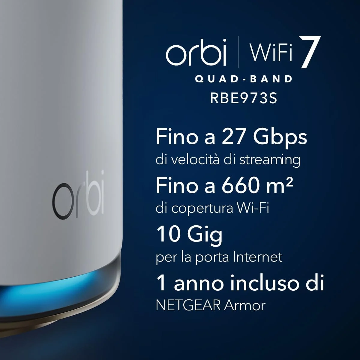 سیستم شبکه مش نت گیر Orbi سری 970 چهار بانده WiFi 7 مدل RBE973S، روتر + 2 توسعه دهنده ماهواره ای، پوشش تا 929 متر مربع، 200 دستگاه، پورت اینترنت 10 گیگ، BE27000 تا 27 گیگابیت بر ثانیه - سفید