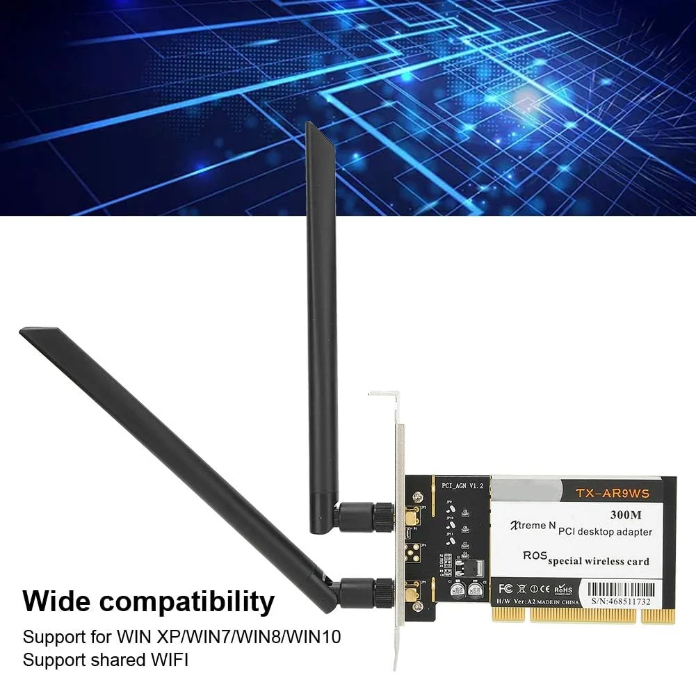 آداپتور PCI دسکتاپ، کارت وای فای بی سیم 300 مگابیت بر ثانیه 802.11b/g/n + 2 آنتن، برای WIN/XP/// آداپتور PCI دسکتاپ، کارت وای فای بی سیم 300 مگابیت بر ثانیه 802.11b/g/n + 2 آنتن، برای WIN/XP///