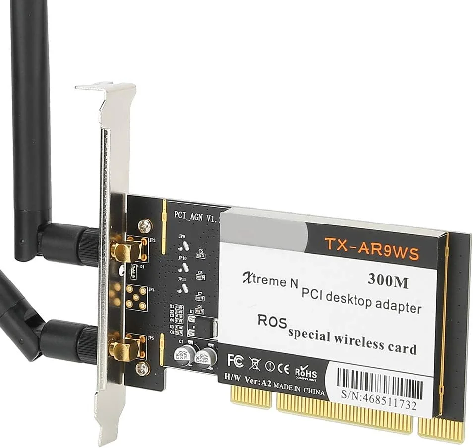 کارت شبکه بی سیم PCI دسکتاپ 300 مگابیت بر ثانیه 802.11b/g/n AR9223 به همراه 2 آنتن، سازگاری گسترده کارت شبکه بی سیم PCI دسکتاپ 300 مگابیت بر ثانیه 802.11b/g/n AR9223 به همراه 2 آنتن، سازگاری گسترده