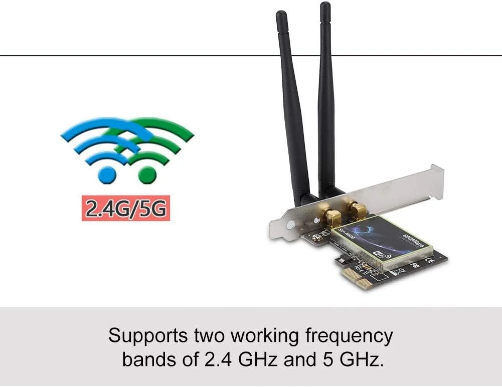 کارت شبکه بی‌سیم WLAN، آداپتور کارت PCIE بی‌سیم کامپیوتر رومیزی 2.4/5 گیگاهرتز، کارت وای فای بی‌سیم پرسرعت با 2 آنتن خارجی 3.5dBi برای