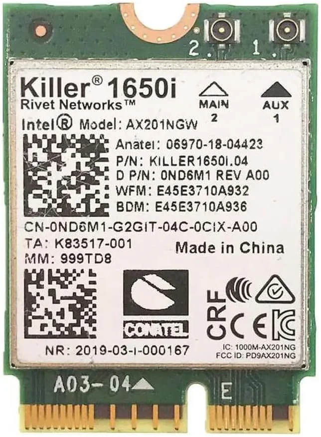 آداپتور ارتقا یافته وای فای 6 سری Killer مدل AX1650i | آداپتور وای فای گیمینگ | کارت وای فای CNVio2 M.2 | وای فای 2.4 گیگابیت بر ثانیه برای کامپیوتر | پشتیبانی از بلوتوث 5.2 | نیازمند پردازنده نسل 10 اینتل یا بالاتر