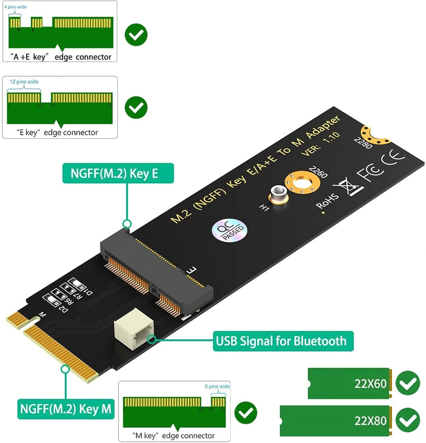 تبدیل کارت وای فای M.2 NGFF A E Key به آداپتور SSD M.2 Key M، کارت تبدیل SSD M.2 Key M برای Intel AX200/AX201/AX210/8260/8265/9260، همراه با کابل USB 2Pin، بدون نیاز به نصب درایور