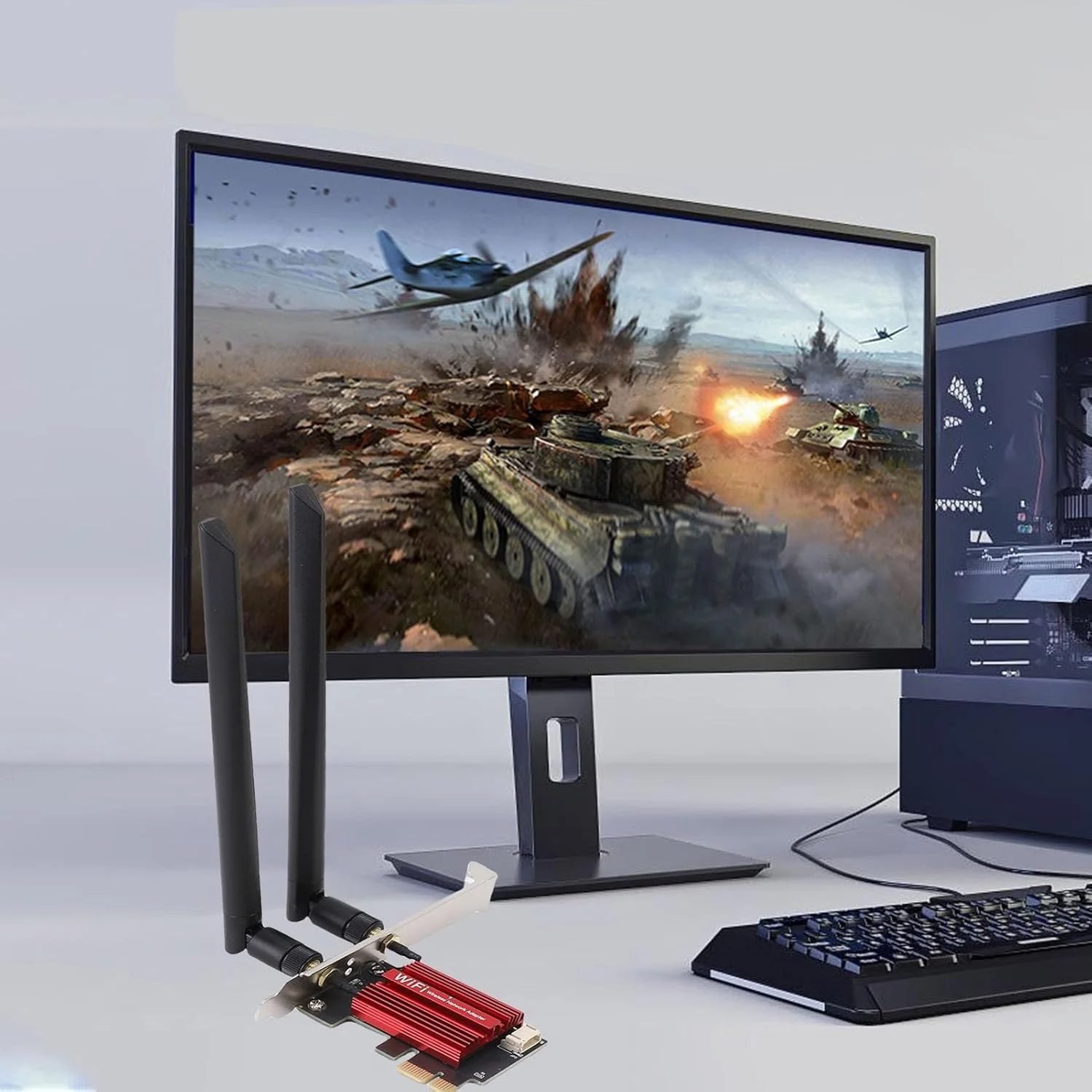 کارت شبکه وای فای 6E PCIe با سرعت 4200 مگابیت بر ثانیه، آداپتور وای فای PCIe سه بانده برای کامپیوتر رومیزی، BT5.2 پیشرفته و تاخیر کم برای بازی و انتقال فایل های بزرگ، دارای دو آنتن