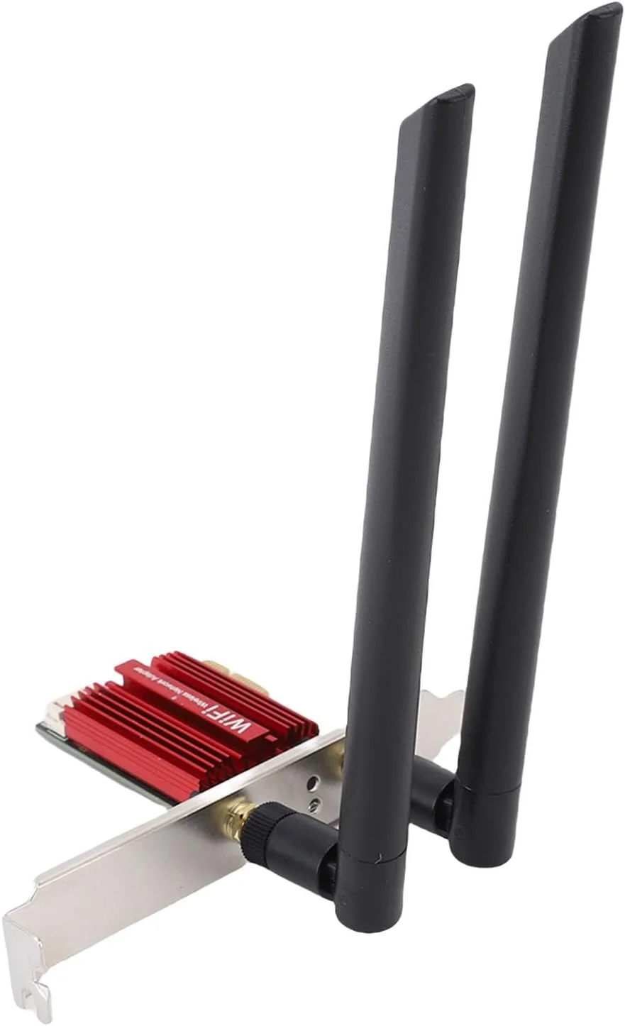 کارت شبکه وای فای 6E PCIe با سرعت 4200 مگابیت بر ثانیه، آداپتور وای فای PCIe سه بانده برای کامپیوتر رومیزی، BT5.2 پیشرفته و تاخیر کم برای بازی و انتقال فایل های بزرگ، دارای دو آنتن