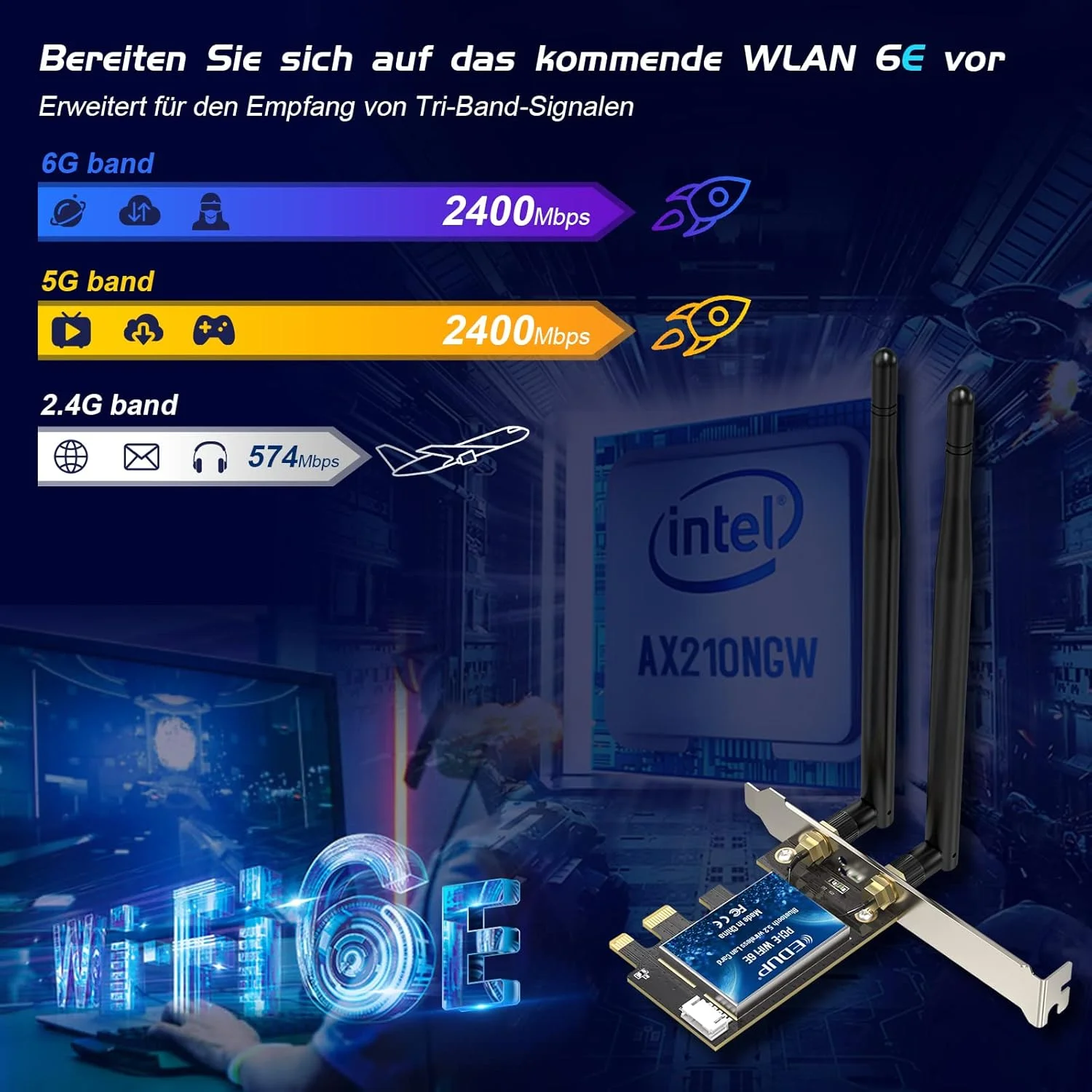 کارت شبکه وای فای 6E بلوتوث 5.2 PCIE اینتل AX210 با سرعت 5400 مگابیت بر ثانیه، آداپتور کارت شبکه WLAN، آنتن دو بانده 2.4 گیگاهرتز/5 گیگاهرتز 802.11AX، تراشه AX210 مقرون به صرفه برای کامپیوترهای رومیزی ویندوز 10 و 11 نسخه 64 بیتی