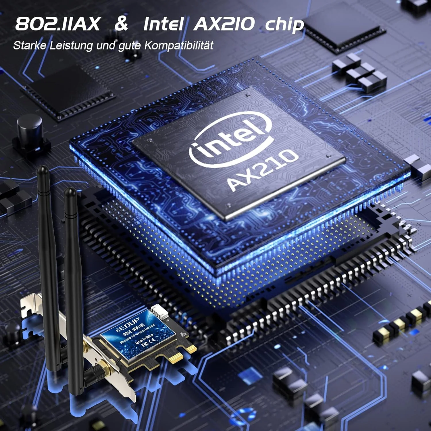 کارت شبکه وای فای 6E بلوتوث 5.2 PCIE اینتل AX210 با سرعت 5400 مگابیت بر ثانیه، آداپتور کارت شبکه WLAN، آنتن دو بانده 2.4 گیگاهرتز/5 گیگاهرتز 802.11AX، تراشه AX210 مقرون به صرفه برای کامپیوترهای رومیزی ویندوز 10 و 11 نسخه 64 بیتی