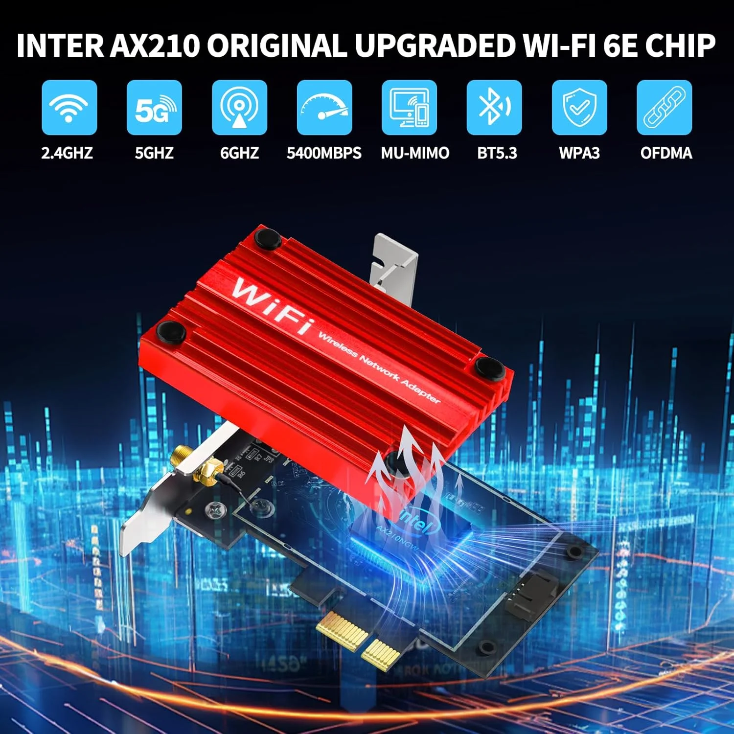 کارت شبکه وایرلس WLAN مدل Eightwood AX210، بلوتوث 5.3، کارت PCI-E با سرعت 5374 مگابیت بر ثانیه، سه باند 6G/5G/2.4G به همراه آنتن و CD برای کامپیوتر و لپ تاپ ویندوز 11/10 (64 بیتی)