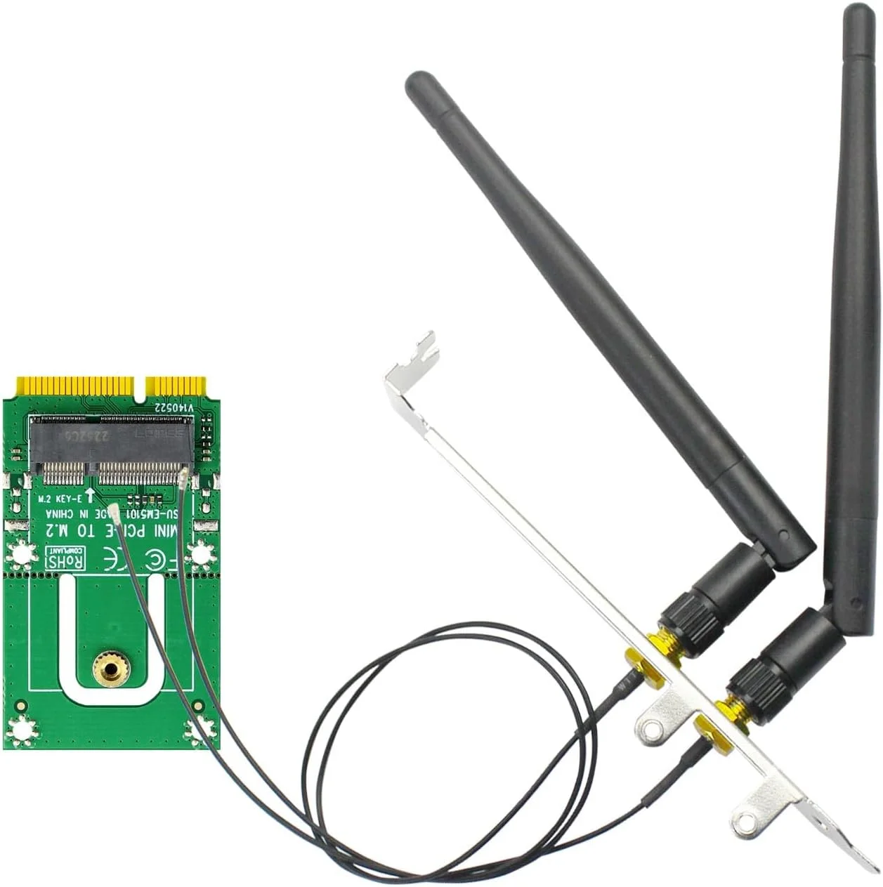 آداپتور M.2 Key E به Mini PCIe WiFi گلورندز WA03 برای ماژول های M.2 WiFi 4/5/6/6e/7/Coral TPU، همراه با کیت آنتن SMA 3.5-dBi