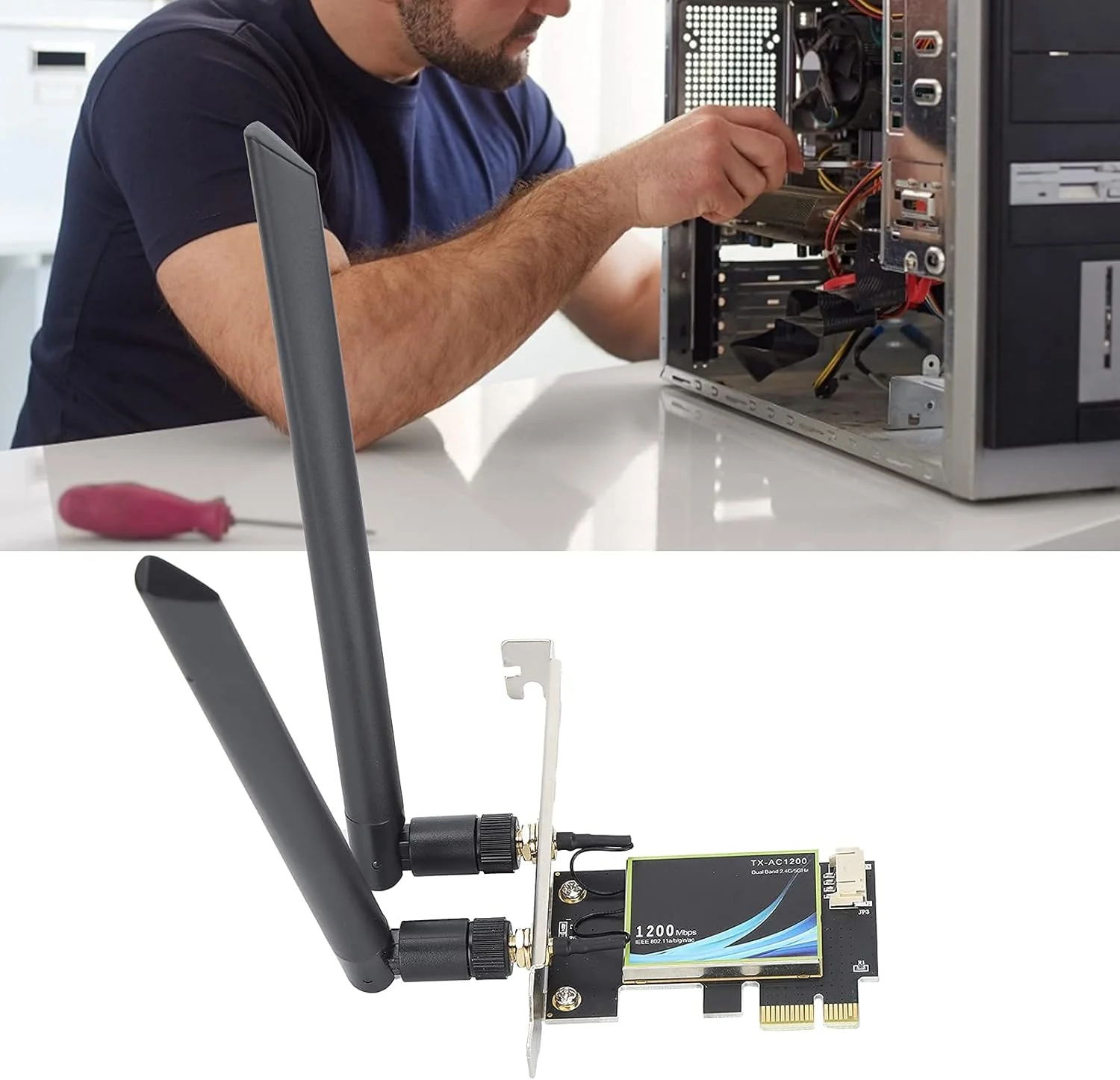 کارت وای فای GQCQGS، کارت Mini PCI-E دو باند 2.4GHz/5GHz 300Mbps/867Mbps آداپتور شبکه بی سیم برای رایانه شخصی رومیزی، با 2 آنتن خارجی با بهره بالا