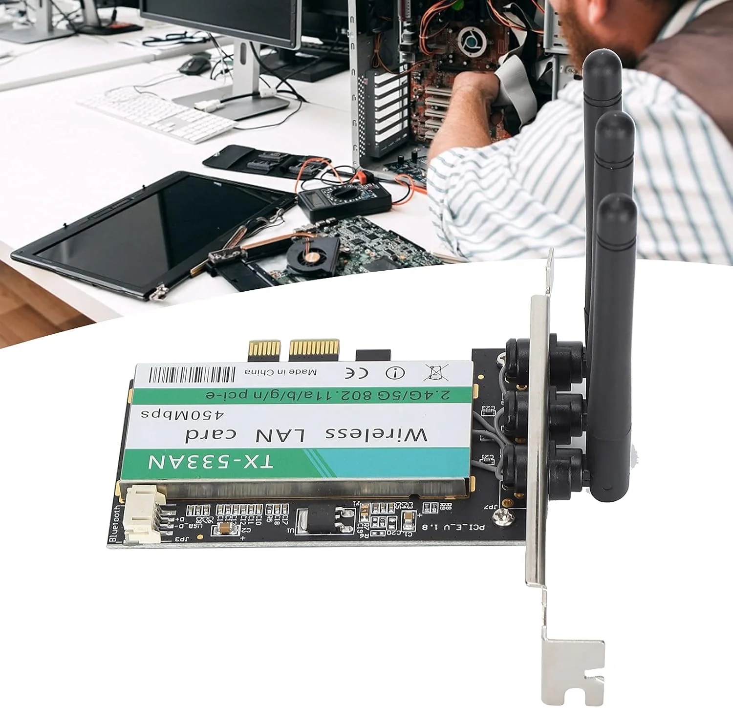 آداپتور وای فای GQCQGS کارت وای فای دوال باند 2.4 گیگاهرتز/5 گیگاهرتز مینی PCI-E با 3 آنتن خارجی با بهره بالا، آداپتور شبکه بی سیم برای رایانه شخصی رومیزی، سرعت انتقال بالا 450 مگابیت بر ثانیه