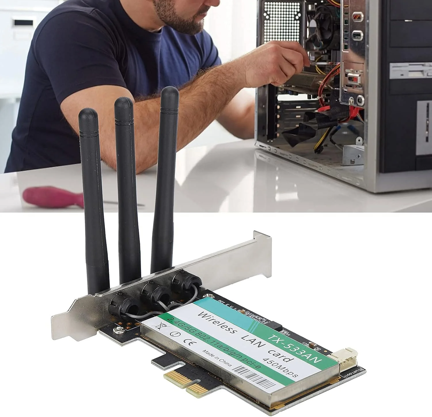 آداپتور وای فای GQCQGS کارت وای فای دوال باند 2.4 گیگاهرتز/5 گیگاهرتز مینی PCI-E با 3 آنتن خارجی با بهره بالا، آداپتور شبکه بی سیم برای رایانه شخصی رومیزی، سرعت انتقال بالا 450 مگابیت بر ثانیه