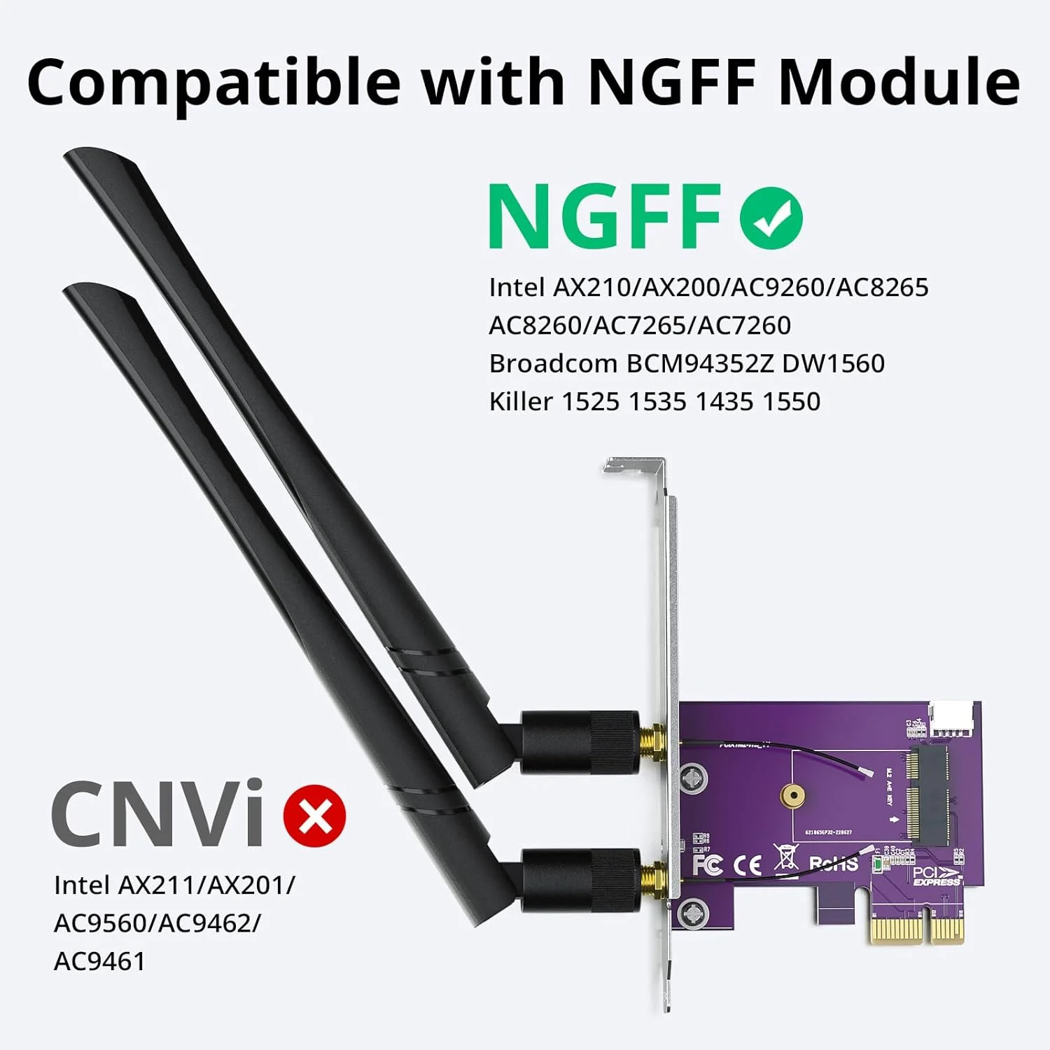 کارت آداپتور ماژول وایرلس و بلوتوث آیپولکس PCIe x1 به M.2 (کلید A+E) با آنتن دو بانده 2.4 و 5 گیگاهرتز 2x5dBi