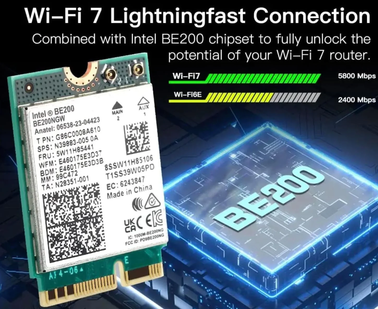 کارت شبکه بی سیم وای فای 7 اینتل BE200 مدل BE200NGW | بلوتوث 5.4 | دارای هیت سینک و آنتن 10dB | سرعت 8774 مگابیت بر ثانیه | 802.11AX MU-MIMO OFDMA | سه بانده 2.4G/5G/6 | مناسب برای ویندوز 10/11 64 بیتی