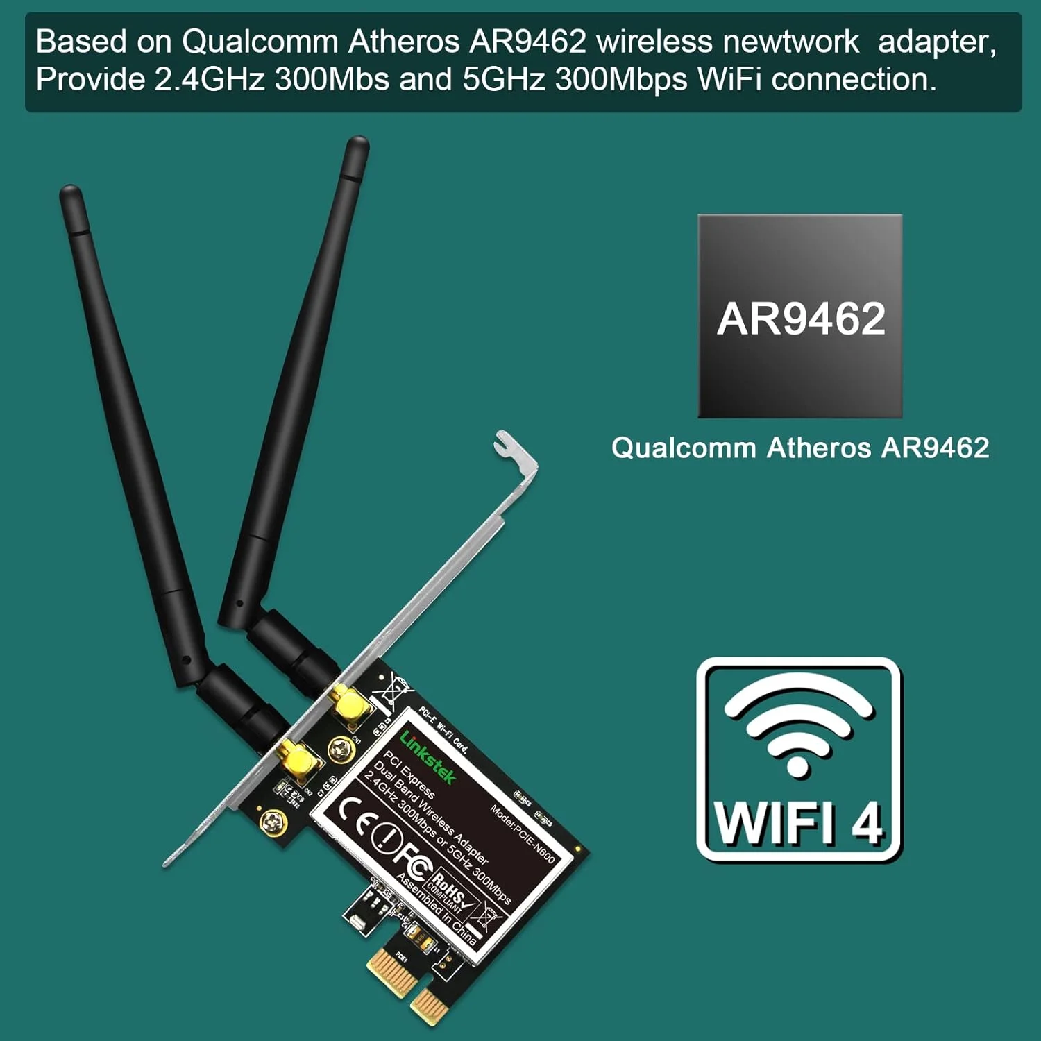 آداپتور وای فای PCI-E بی سیم N 600Mbps (2.4GHz 300Mbps و 5GHz 300Mbps) - کارت وای فای PCIE - آداپتور شبکه بی سیم برای کامپیوترهای شخصی ویندوز 11، 10، 8.1، 8، 7، XP و ویندوز سرور (32/64 بیتی) (PCIE-N600)
