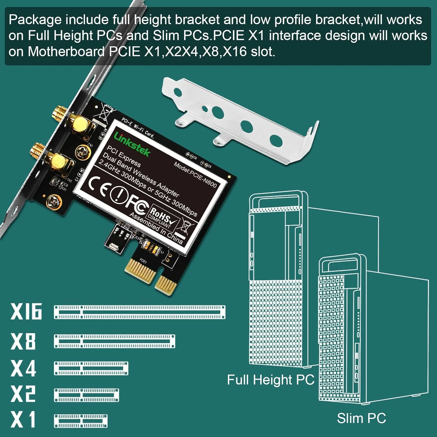 آداپتور وای فای PCI-E بی سیم N 600Mbps (2.4GHz 300Mbps و 5GHz 300Mbps) - کارت وای فای PCIE - آداپتور شبکه بی سیم برای کامپیوترهای شخصی ویندوز 11، 10، 8.1، 8، 7، XP و ویندوز سرور (32/64 بیتی) (PCIE-N600)