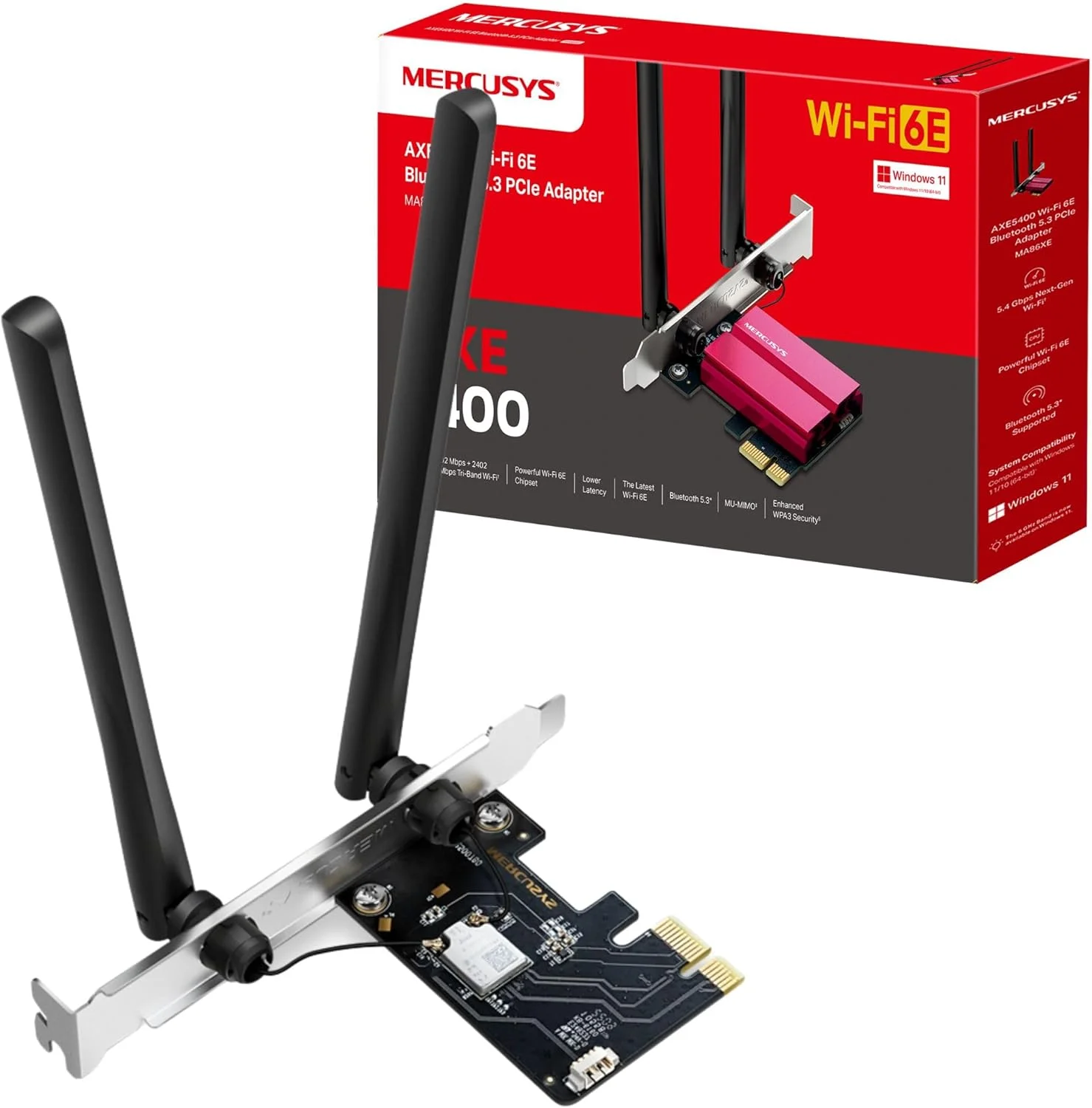 آداپتور PCIe سه بانده Mercusys AXE5400 Wi-Fi 6E Bluetooth 5.2 با دو آنتن، OFDMA، MU-MIMO، تاخیر کم، چیپست Intel Wi-Fi 6، جدیدترین WPA3، پشتیبانی از Windows 10/11 (64bit) (MA86XE)