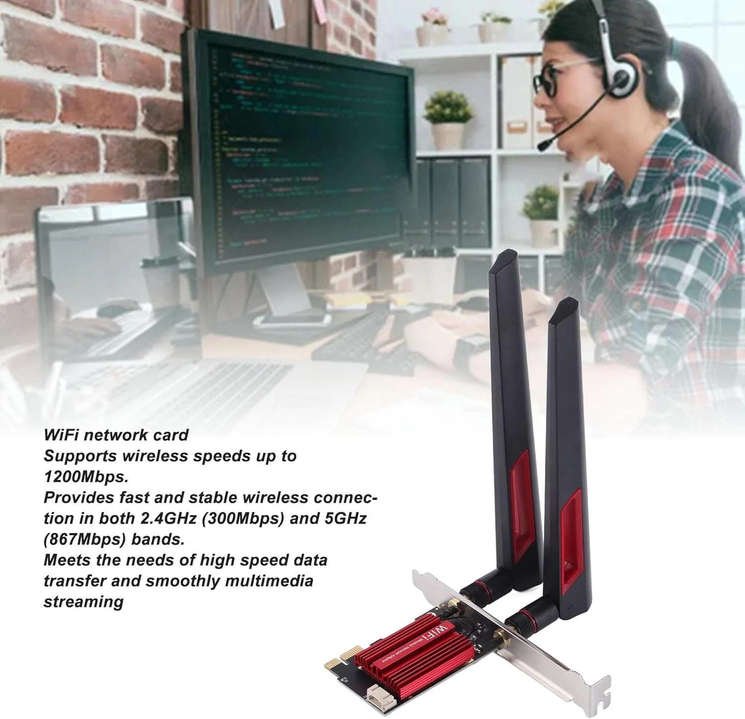 کارت شبکه وای فای دو بانده 2.4G 5G با سرعت بالا 1200 مگابیت بر ثانیه به همراه 2 آنتن 10dBi، نسخه 4.0، سازگار با 7، 8، 10 و 11 کارت شبکه وای فای دو بانده 2.4G 5G با سرعت بالا 1200 مگابیت بر ثانیه به همراه 2 آنتن 10dBi، نسخه 4.0، سازگار با 7، 8، 10 و 11