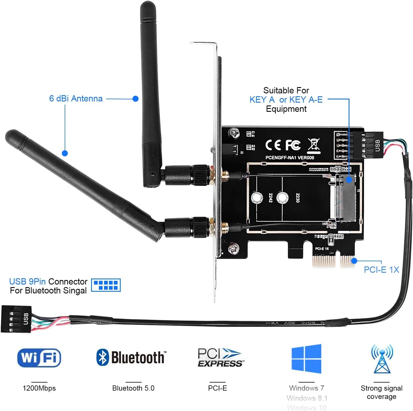 آداپتور کارت شبکه بی‌سیم MZHOU M.2 NGFF به PCI-E 1X، مبدل کارت شبکه وای فای PCI-E M.2/NGFF با آنتن دو بانده 2.4/5G، برای کارت وای فای و بلوتوث (بدون وای فای)