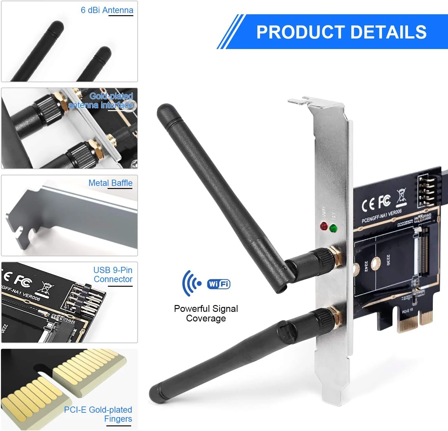 آداپتور کارت شبکه بی‌سیم MZHOU M.2 NGFF به PCI-E 1X، مبدل کارت شبکه وای فای PCI-E M.2/NGFF با آنتن دو بانده 2.4/5G، برای کارت وای فای و بلوتوث (بدون وای فای)