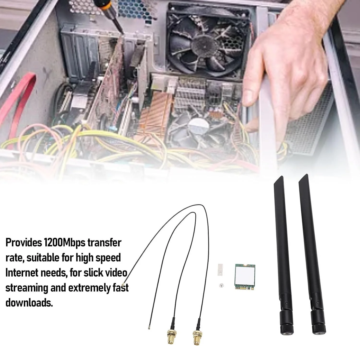 کارت وای فای 1200 مگابیت بر ثانیه، حالت های دو باند 2.4 گیگاهرتز و 5 گیگاهرتز NGW، مجهز به BT 4.2، رابط M2، برای رایانه شخصی رومیزی (آنتن های خارجی)