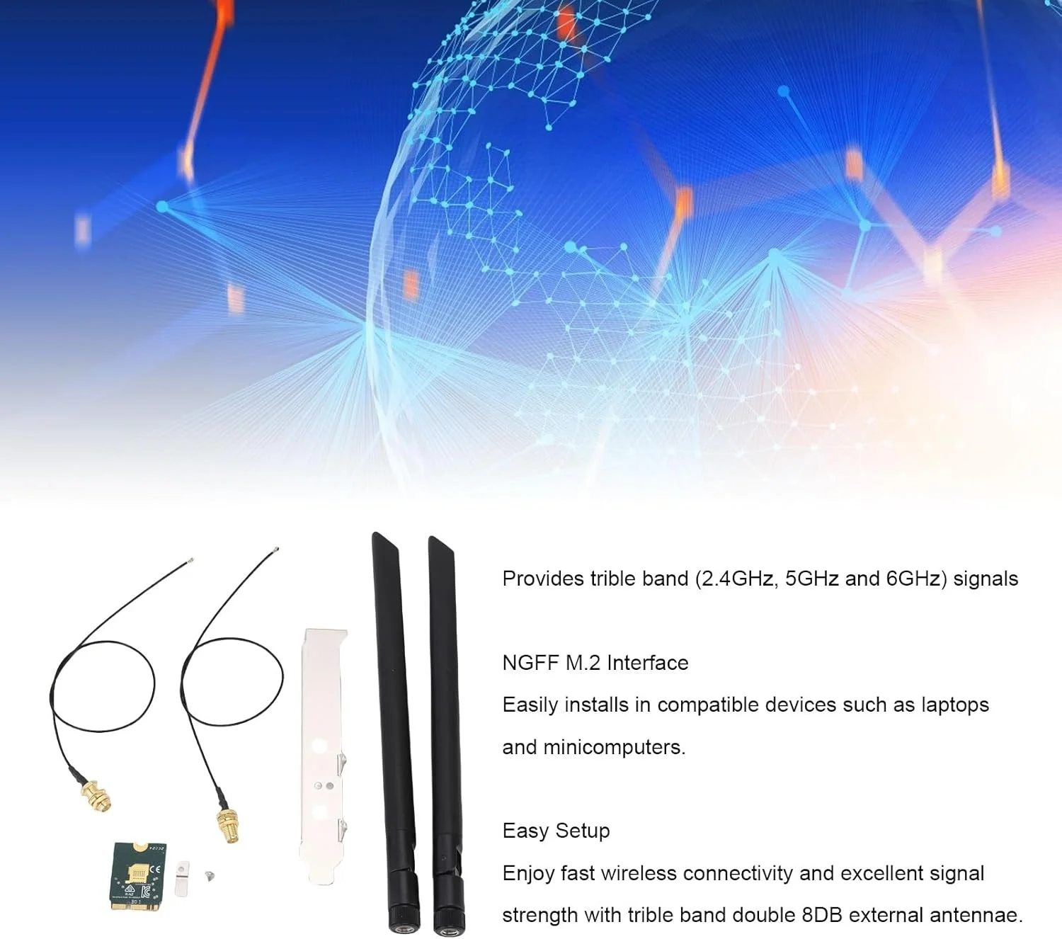 کارت شبکه بی‌سیم WiFi 6E جدید، کارت وای فای با رابط NGFF M.2 پشتیبانی از 10 و 11، سرعت 4200 مگابیت بر ثانیه گیگابیتی سه بانده 2.4G/5G/6GHz ماژول لپ تاپ 6E برای 10 و 11