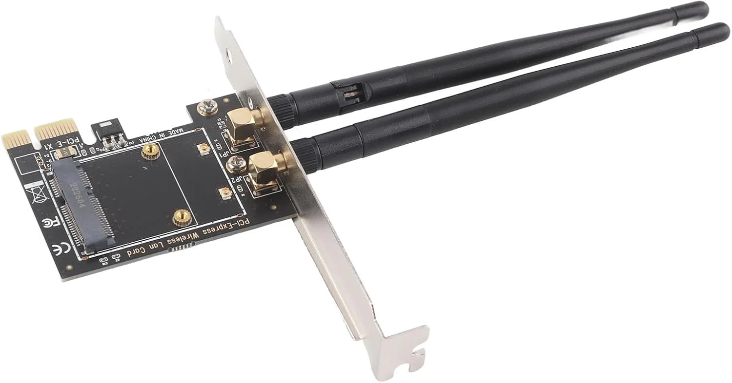 مبدل مینی PCI-E به PCI-E به همراه 2 آنتن وایرلس، کارت های وای فای مینی جدید، نصب آسان، مناسب برای کامپیوترهای رومیزی، شامل آنتن های خارجی