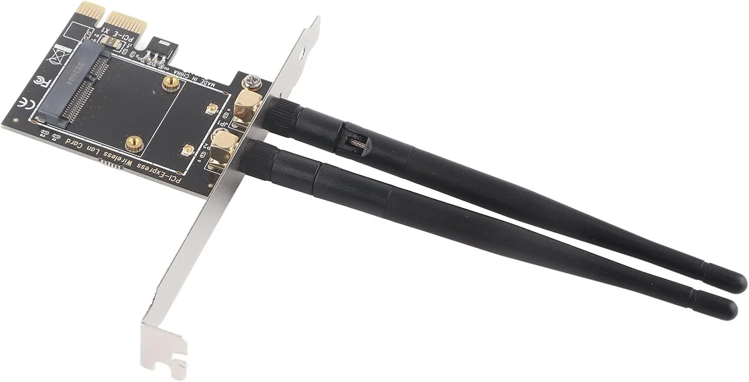 مبدل مینی PCI-E به PCI-E به همراه 2 آنتن وایرلس، کارت های وای فای مینی جدید، نصب آسان، مناسب برای کامپیوترهای رومیزی، شامل آنتن های خارجی