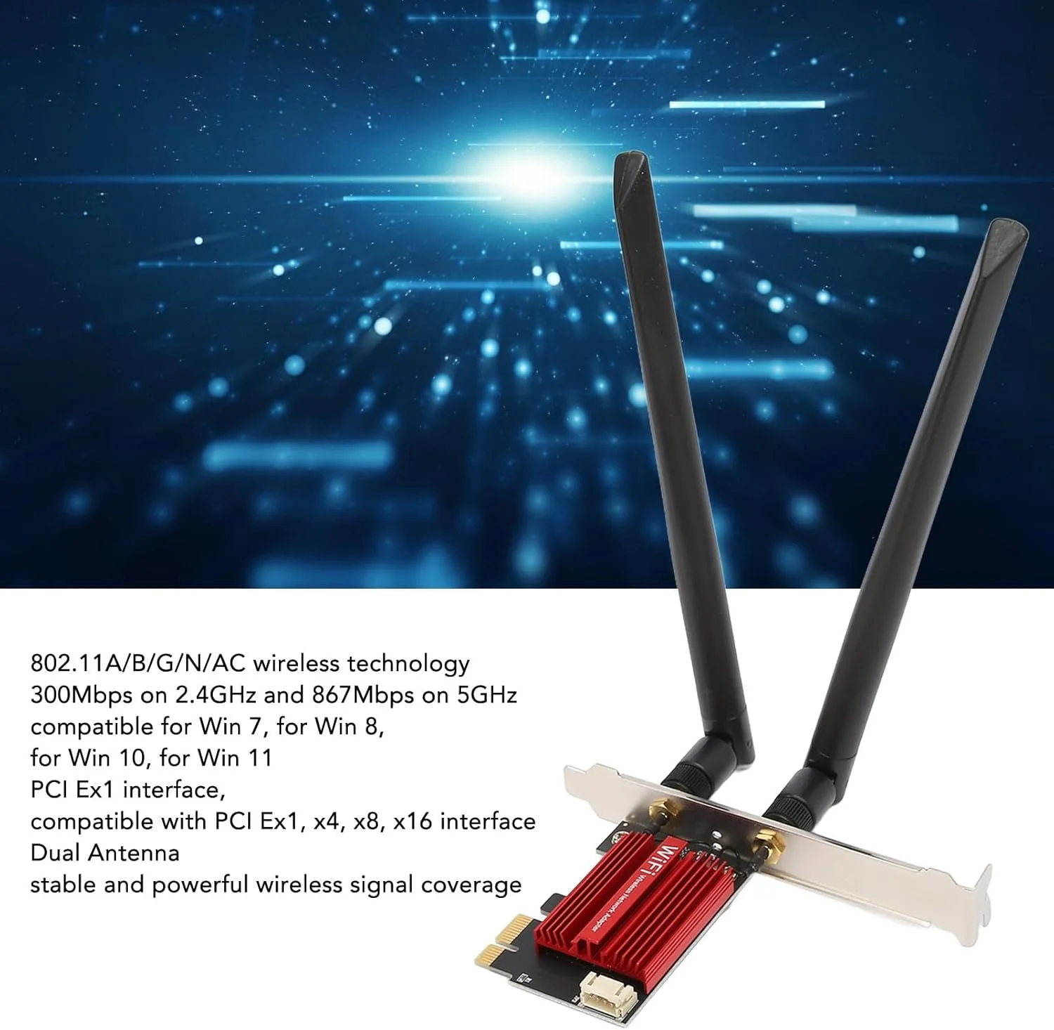 کارت آداپتور وای فای PCIe ریزقوی 1200 مگابیت بر ثانیه با آنتن دوگانه BT4.2، سازگار با پیکربندی دسکتاپ، اتصالات بی سیم پایدار برای 7، 8، 10، 11