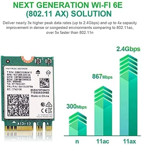 آنتن Teday 10Dbi Wi-Fi 6E AX210 بلوتوث 5.3 5374Mbps 2.4Ghz 5Ghz 6Ghz 802.11ax/ac M.2 2230 Key E کیت دسکتاپ آداپتور بی سیم AX210NGW ویندوز 10/11