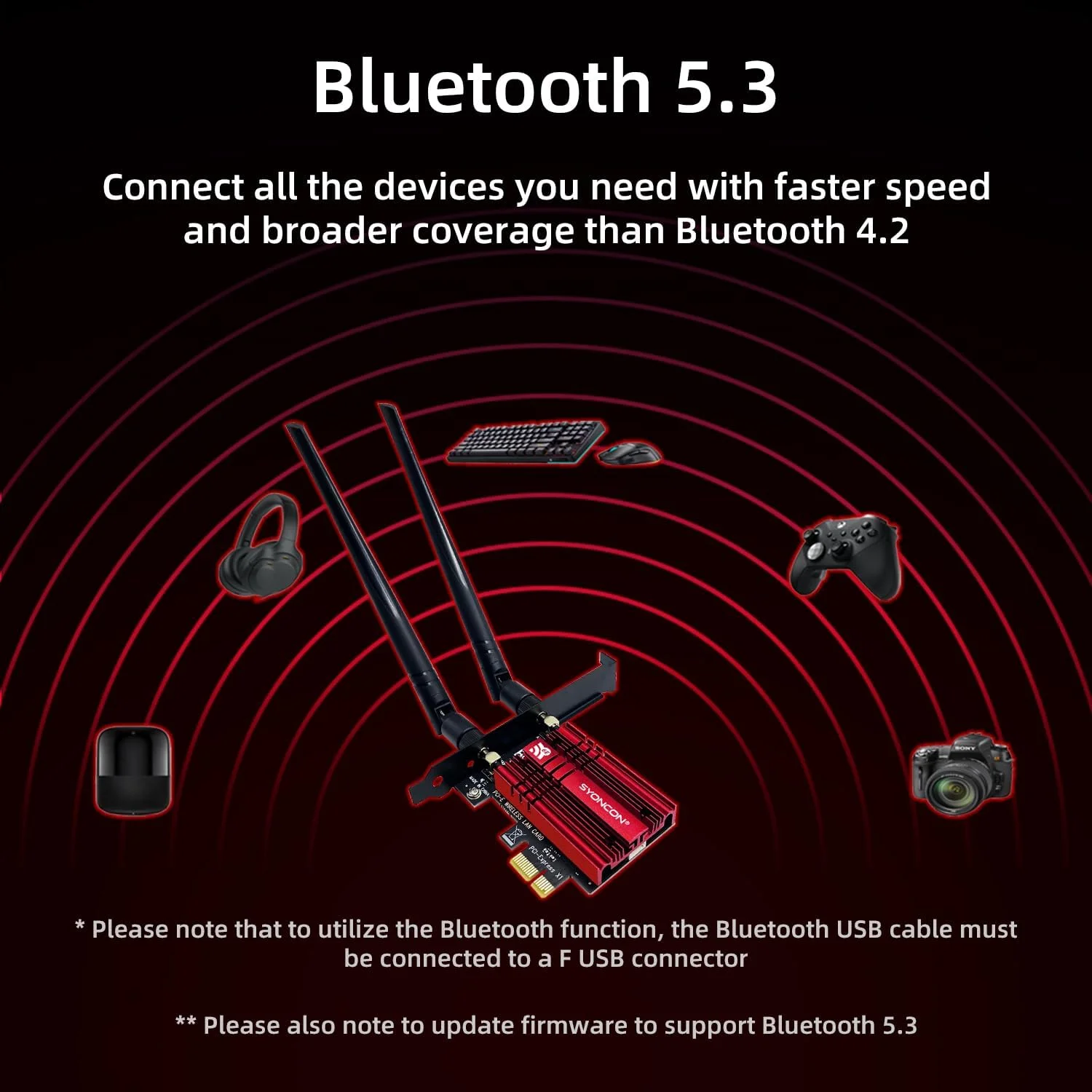 کارت شبکه وای فای 6E AX210 WLAN PCIe برای کامپیوتر با بلوتوث 5.3 | تا 5400 مگابیت بر ثانیه | سه بانده (6 گیگاهرتز / 5 گیگاهرتز / 2.4 گیگاهرتز) | 2 آنتن جداشدنی، مناسب برای ویندوز 11/10 (قرمز)