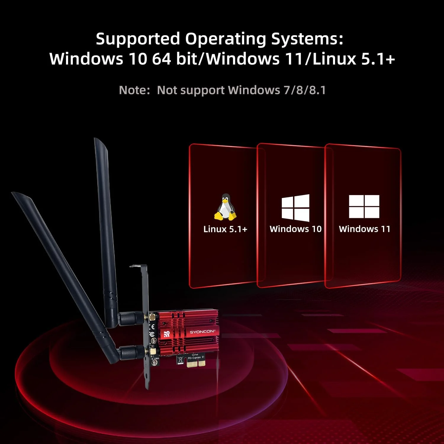 کارت شبکه وای فای 6E AX210 WLAN PCIe برای کامپیوتر با بلوتوث 5.3 | تا 5400 مگابیت بر ثانیه | سه بانده (6 گیگاهرتز / 5 گیگاهرتز / 2.4 گیگاهرتز) | 2 آنتن جداشدنی، مناسب برای ویندوز 11/10 (قرمز)