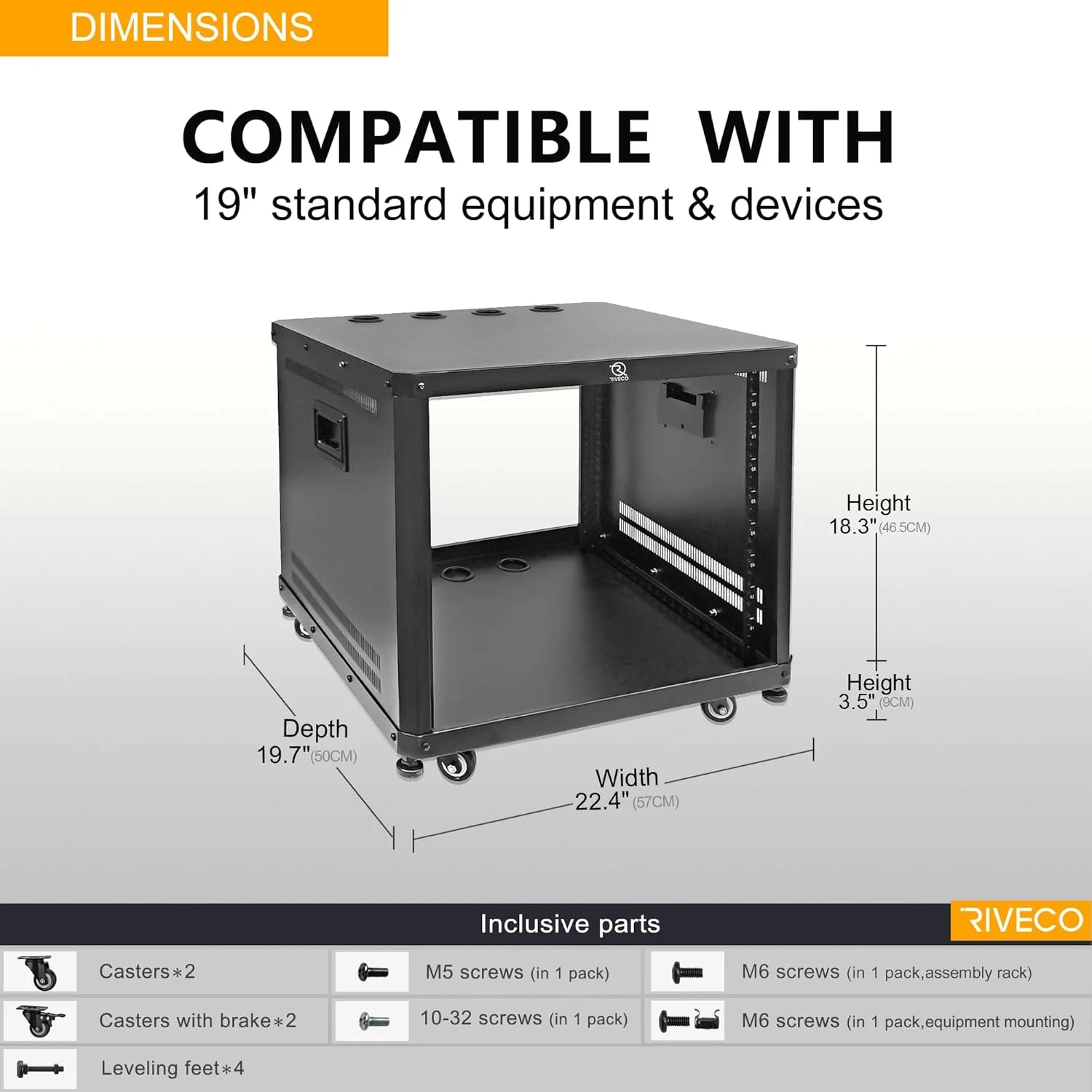 رک شبکه و صوتی 9 یونیت RIVECO با پایه و چرخ، کابینت رک سرور زاویه دار، جعبه رک استودیویی چرخ دار با ریل های عمق قابل تنظیم برای نصب تجهیزات ضبط استریو 19 اینچی و تجهیزات فناوری اطلاعات 1 عدد - تصویر 2
