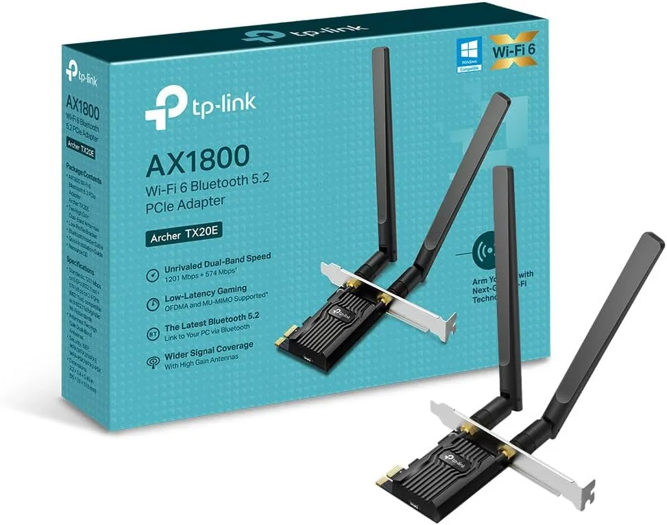 آداپتور PCIe تی‌پی‌لینک AX1800 Wi-Fi 6 با آنتن‌های دوگانه با بهره بالا و بلوتوث 5.2، دو بانده، براکت کم ارتفاع، MU-MIMO، تاخیر کم برای بازی، پشتیبانی از ویندوز 10/11، بسیار ایمن WPA3 (Archer TX20E)، مشکی