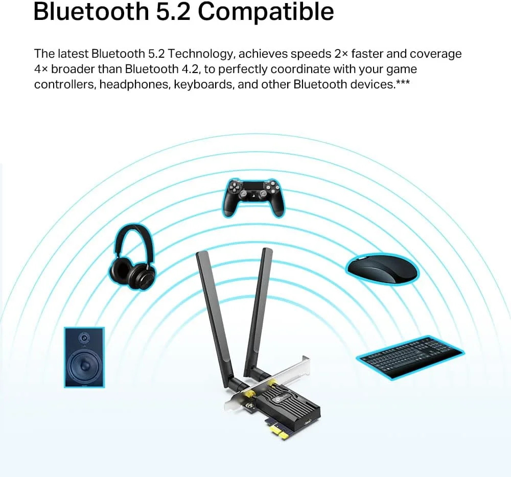 آداپتور PCIe تی‌پی‌لینک AX1800 Wi-Fi 6 با آنتن‌های دوگانه با بهره بالا و بلوتوث 5.2، دو بانده، براکت کم ارتفاع، MU-MIMO، تاخیر کم برای بازی، پشتیبانی از ویندوز 10/11، بسیار ایمن WPA3 (Archer TX20E)، مشکی