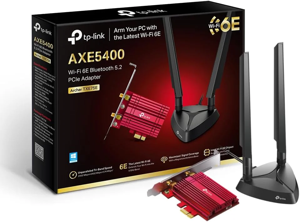 آداپتور PCIe وای فای 6E سه بانده TP-Link Archer TXE75E AXE5400Mbps با بلوتوث 5.3 و دو آنتن، آداپتور وای فای برای کامپیوتر، چیپست اینتل، پایه آنتن مغناطیسی، شامل براکت کم ارتفاع، WPA 3