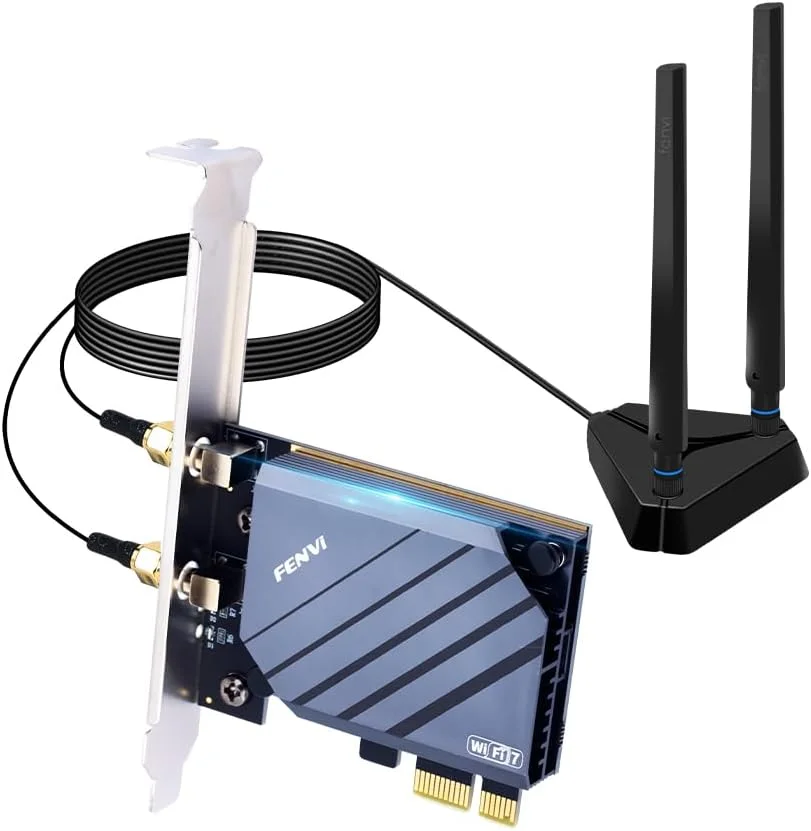 کارت شبکه فنوی PCIe WiFi 7، سه بانده 5800 مگابیت بر ثانیه، بلوتوث 5.3، آداپتور بی سیم دسکتاپ با آنتن