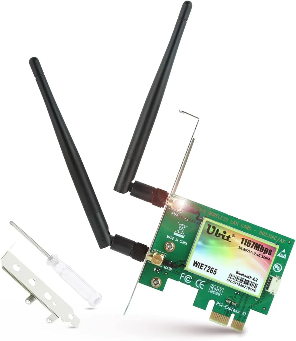 کارت شبکه وایرلس Ubit AC 1200Mbps WiFi PCIe دو بانده 5GHz/2.4GHz PCI Express با بلوتوث 4.2 و 2 عدد آنتن برای کامپیوتر رومیزی/گیمینگ (WIE7265)