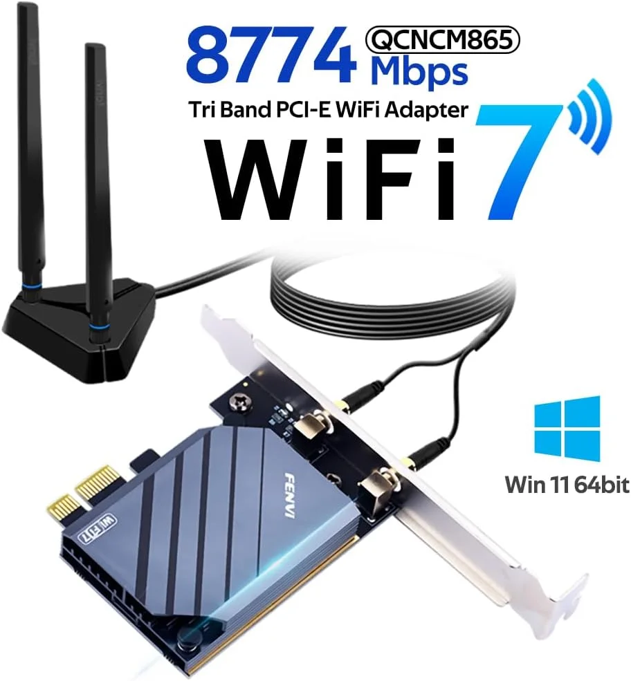 کارت شبکه فنوی PCIe WiFi 7، سه بانده 5800 مگابیت بر ثانیه، بلوتوث 5.3، آداپتور بی سیم دسکتاپ با آنتن