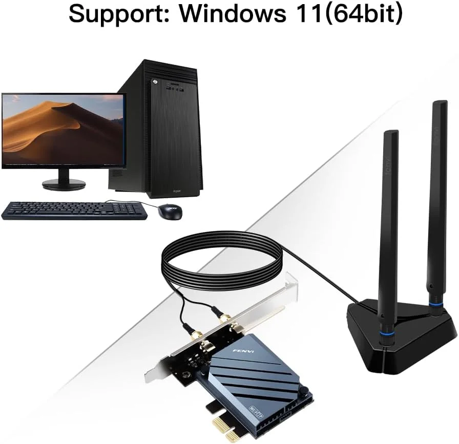 کارت شبکه فنوی PCIe WiFi 7، سه بانده 5800 مگابیت بر ثانیه، بلوتوث 5.3، آداپتور بی سیم دسکتاپ با آنتن