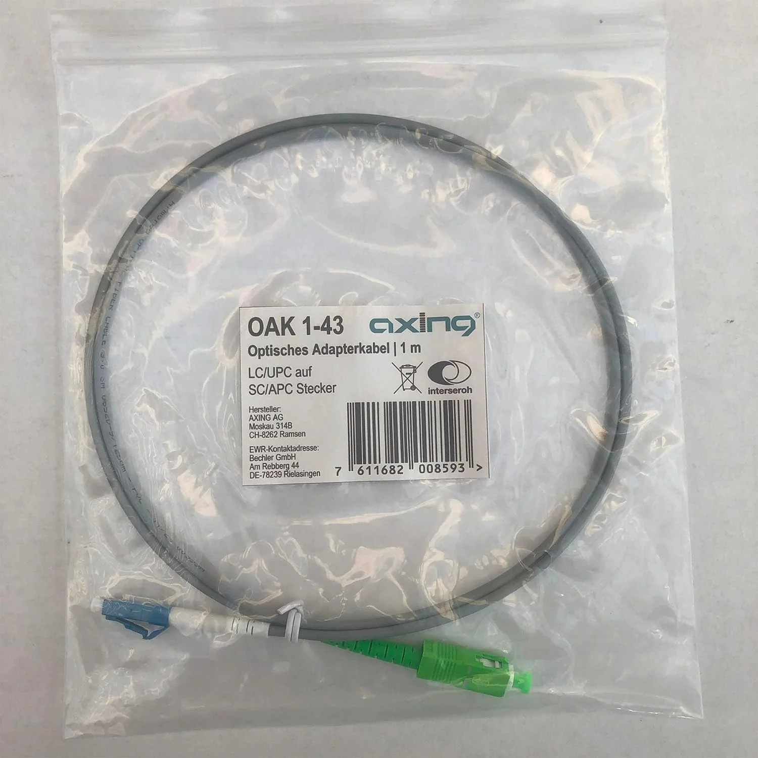 کابل آداپتور نوری Axing OAK 1-43، کابل پچ فیبر نوری SMF، کابل فیبر نوری LC/UPC به SC/APC نر، 1 متر کابل آداپتور نوری Axing OAK 1-43، کابل پچ فیبر نوری SMF، کابل فیبر نوری LC/UPC به SC/APC نر، 1 متر